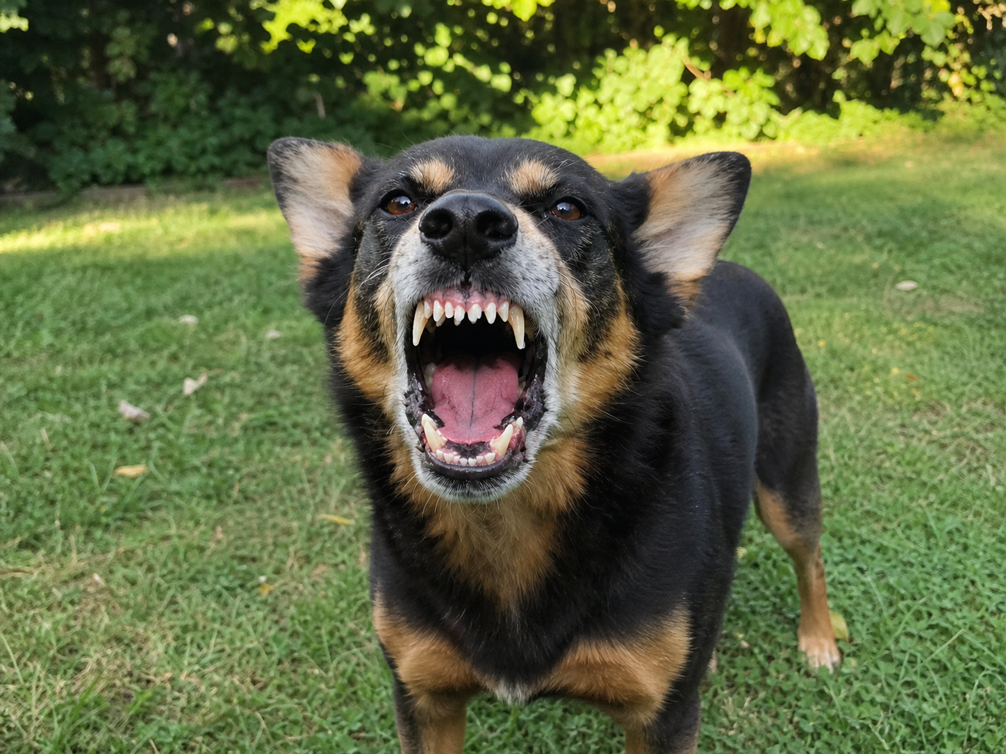 Aggressive dog baring its teeth in a yard