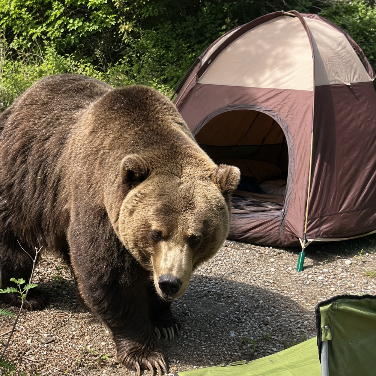 Bear standing near a campsite tent