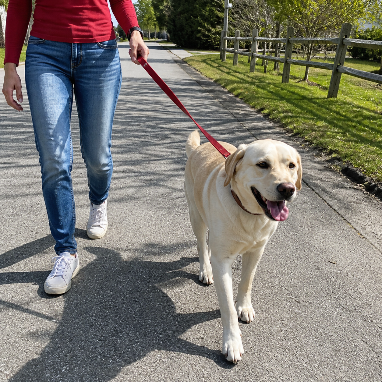 Dog walking calmly on a leash